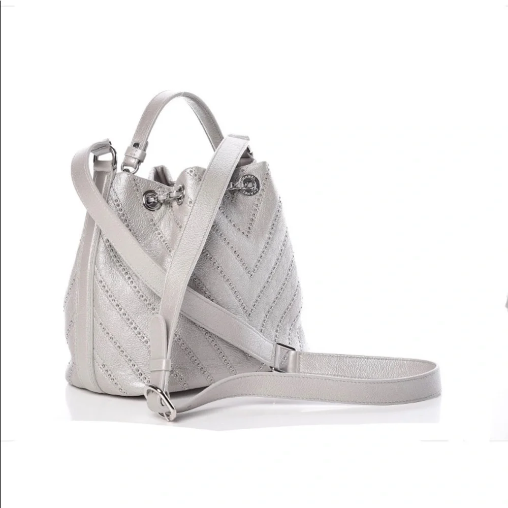 Chanel drawstring Metallic Calfskin Studded Chevron Quilted Crossbody - Picture 4 of 13